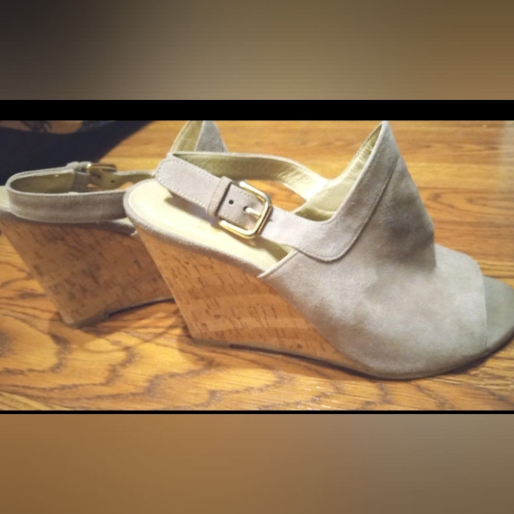 Stuart Weitzman Slingback Sandals Taupe Suede Leather Heels Cork Wedge Sz 8.5